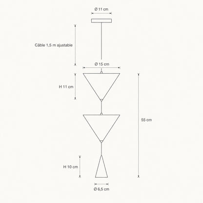 Dimension diagram of the Silna pendant light, 11cm rose, 15cm cones, 55cm overall | Wickleigh