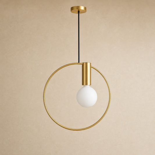 Heden gold ring pendant light with opal glass globe, packshot | Wickleigh