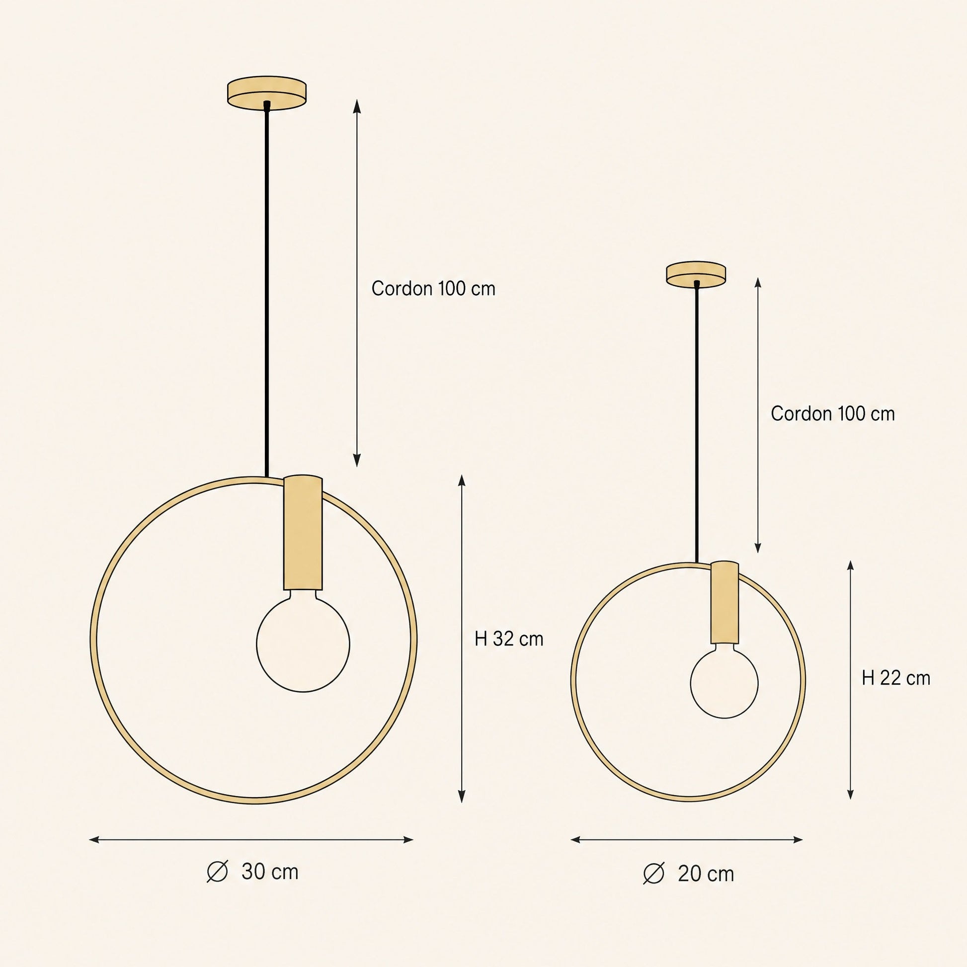 Size chart for the Heden bedside pendant light, Ø 30 cm and Ø 20 cm | Wickleigh