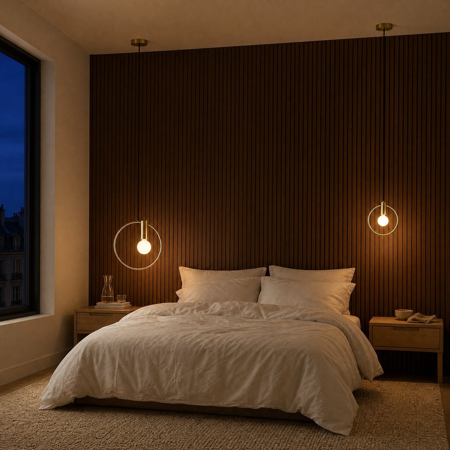 Pair of Heden gold ring pendant lights lit either side of the bed | Wickleigh