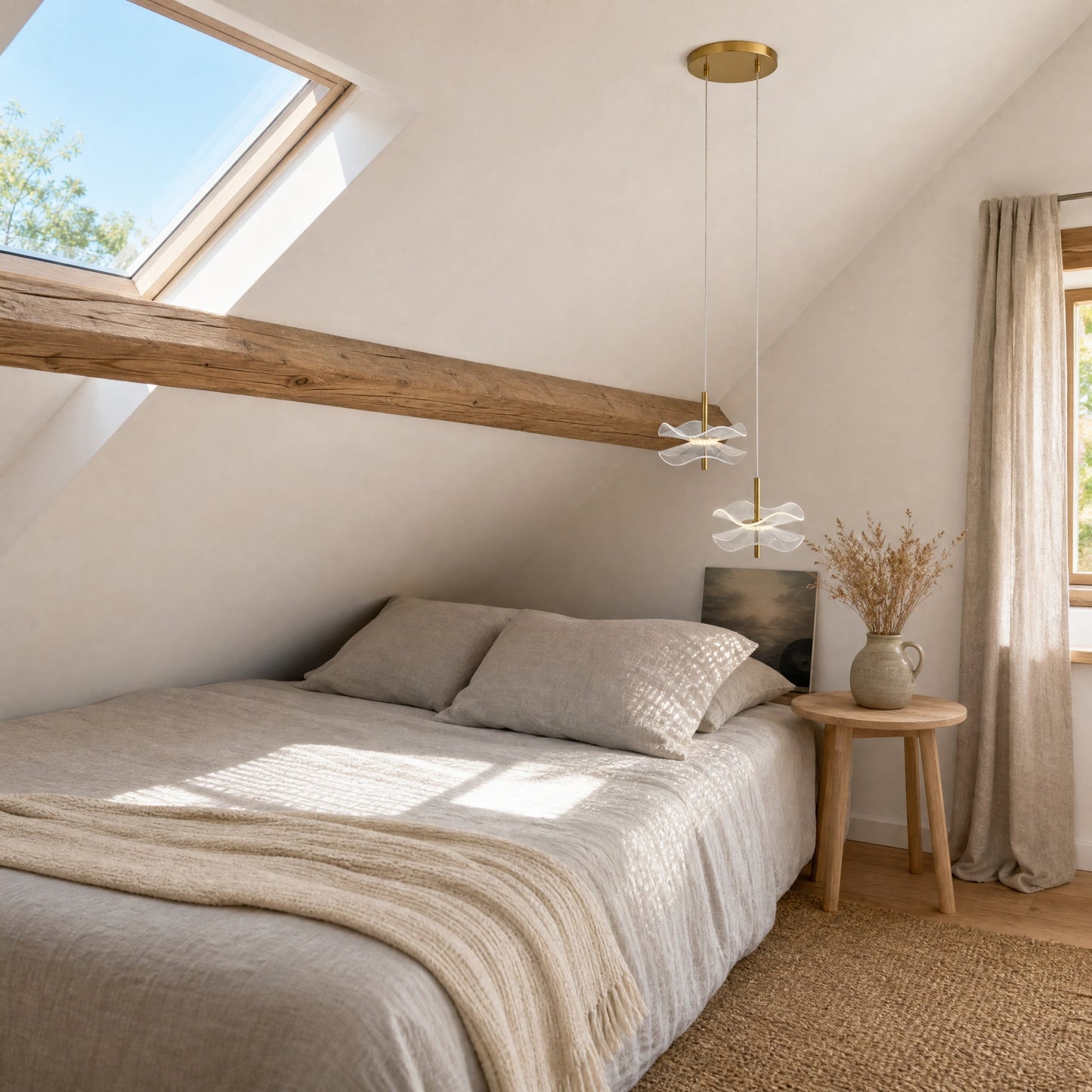 Two Orina flower pendant lights under a sloped attic ceiling by day, dotted shadow on the wall | Wickleigh