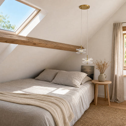 Two Orina flower pendant lights under a sloped attic ceiling by day, dotted shadow on the wall | Wickleigh