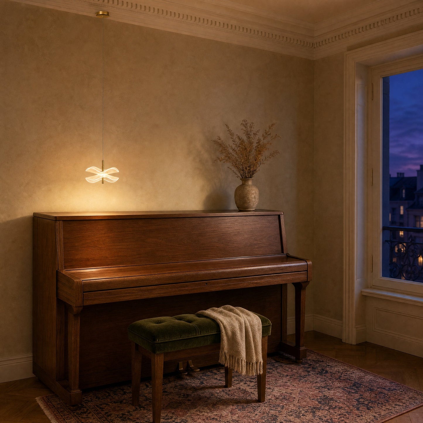 Orina flower pendant light lit above a walnut upright piano at dusk | Wickleigh
