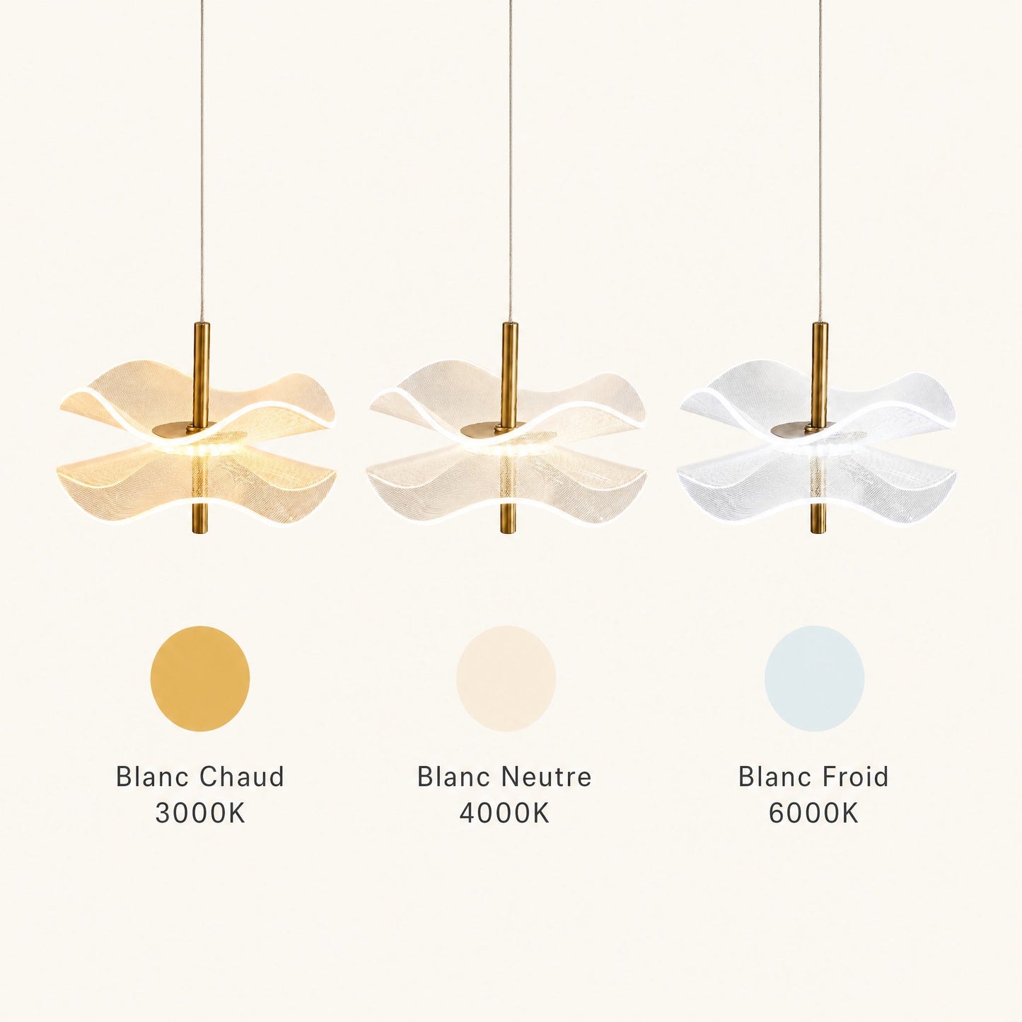 The three light colours of the Orina flower pendant light, warm white 3000K, neutral white 4000K and cool white 6000K | Wickleigh
