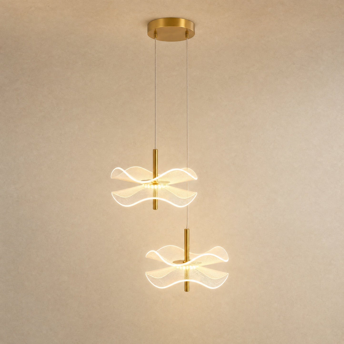 Orina flower pendant light, two-head configuration, hung at staggered heights | Wickleigh