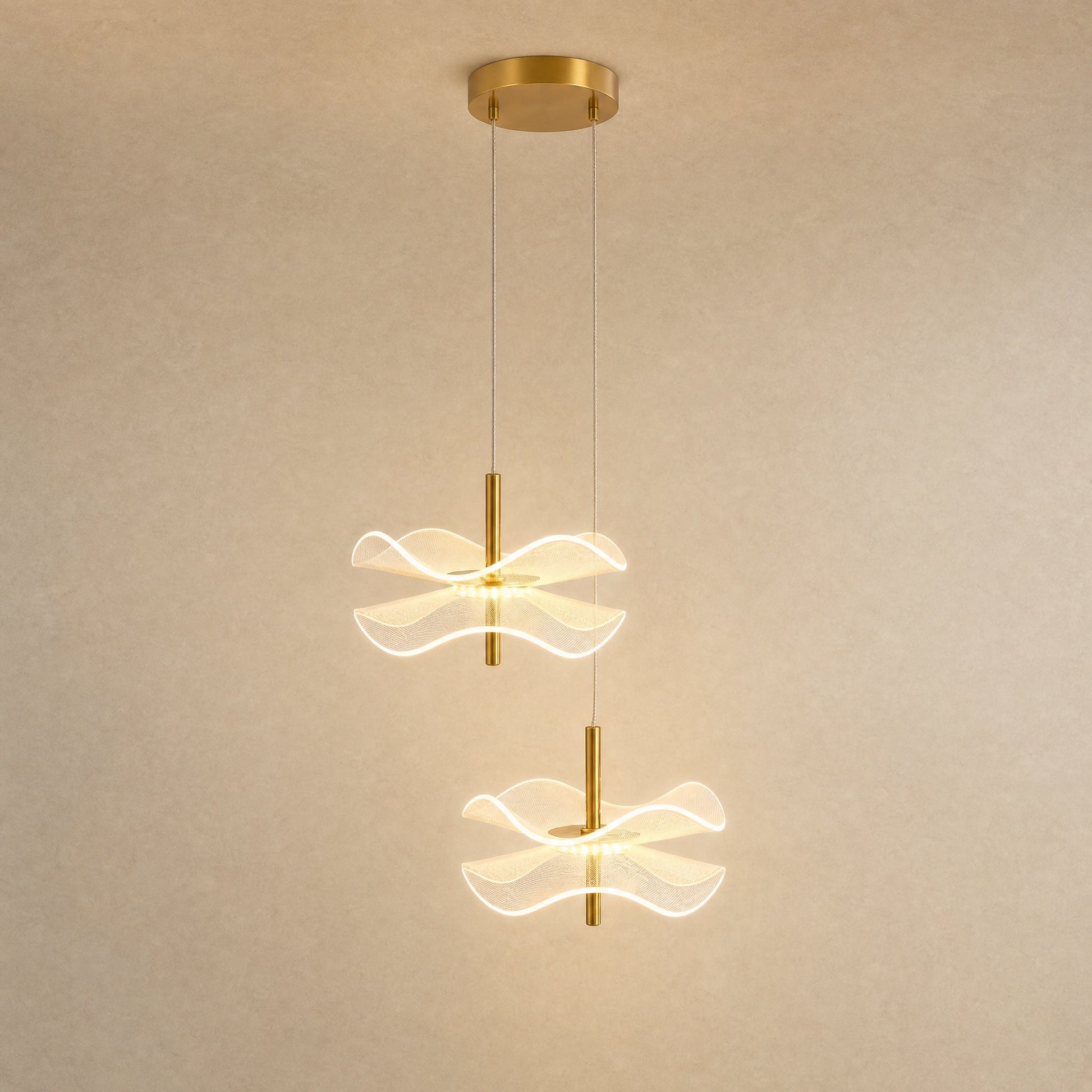 Orina flower pendant light, two-head configuration, hung at staggered heights | Wickleigh