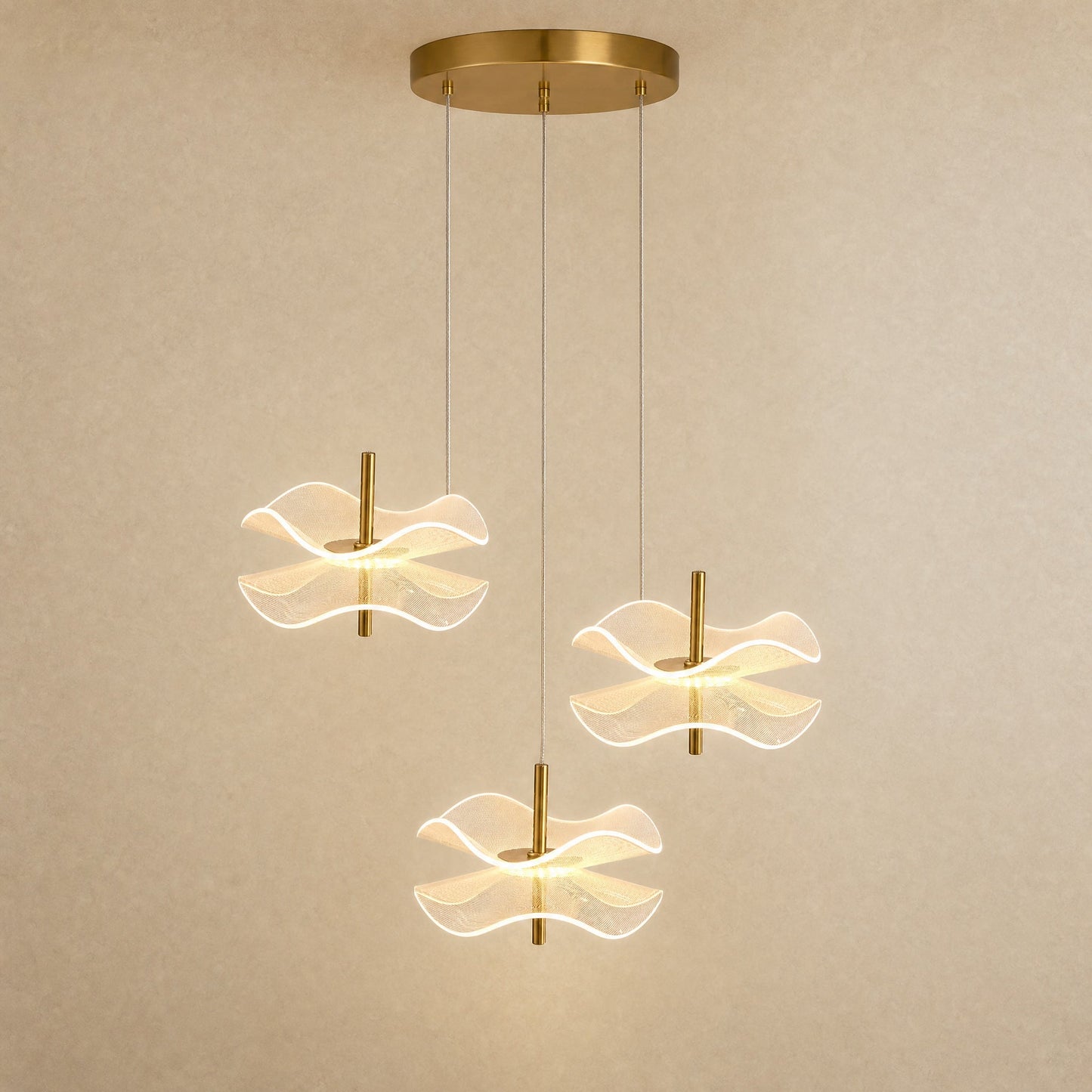 Orina flower pendant light, three-head configuration, hung at staggered heights | Wickleigh