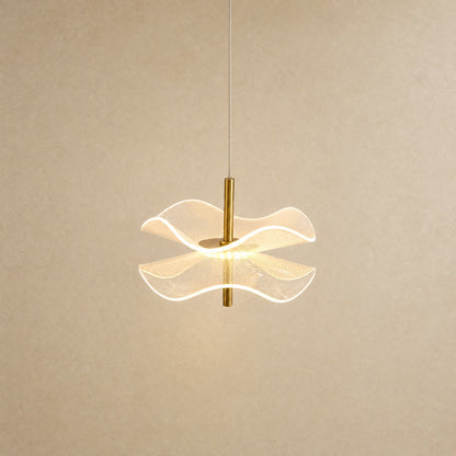 Orina flower pendant light, lit, two rippled acrylic discs on a gold rod | Wickleigh