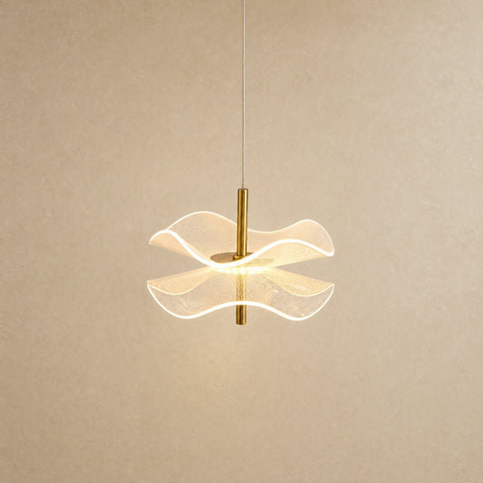 Orina flower pendant light, lit, two rippled acrylic discs on a gold rod | Wickleigh