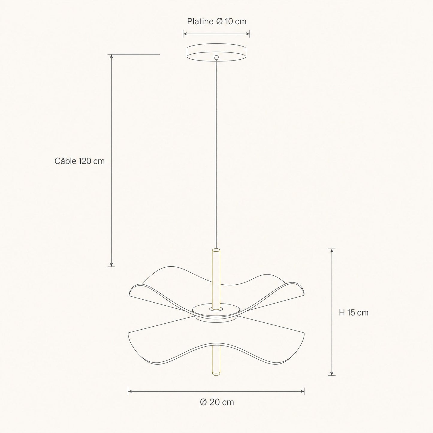 Dimension diagram of the Orina flower pendant light, Ø 20 cm shade, 15 cm high, Ø 10 cm plate, 120 cm cable | Wickleigh