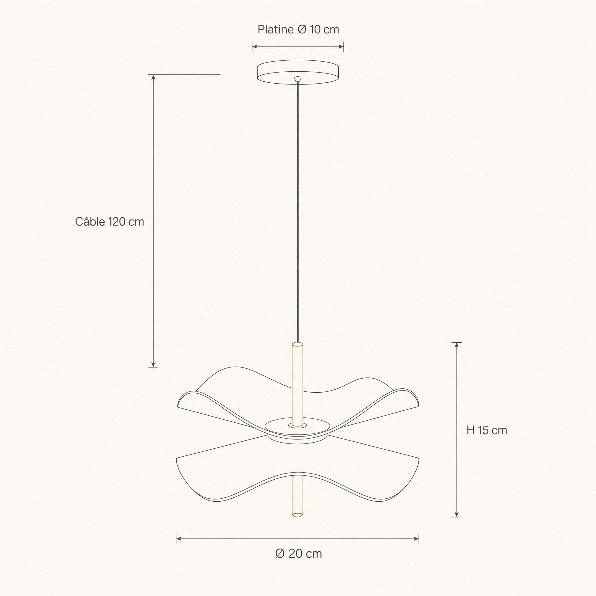 Dimension diagram of the Orina flower pendant light, Ø 20 cm shade, 15 cm high, Ø 10 cm plate, 120 cm cable | Wickleigh