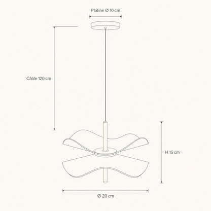 Dimension diagram of the Orina flower pendant light, Ø 20 cm shade, 15 cm high, Ø 10 cm plate, 120 cm cable | Wickleigh