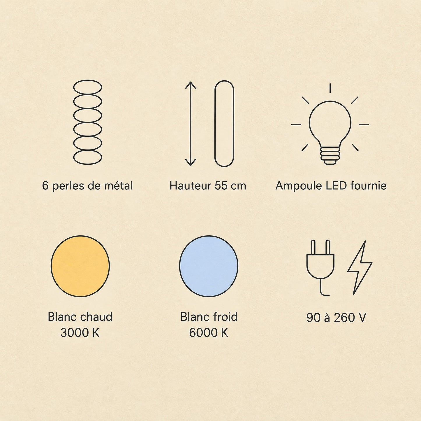 Kavlin pendant light features, six metal beads, LED bulb included, warm white 3000K or cool white 6000K | Wickleigh