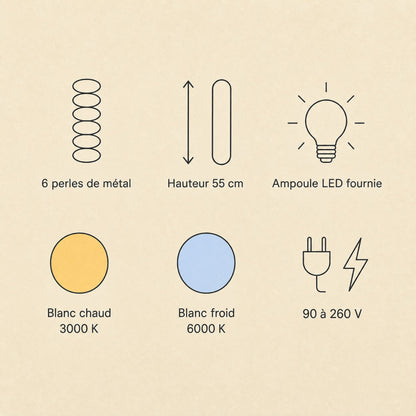 Kavlin pendant light features, six metal beads, LED bulb included, warm white 3000K or cool white 6000K | Wickleigh