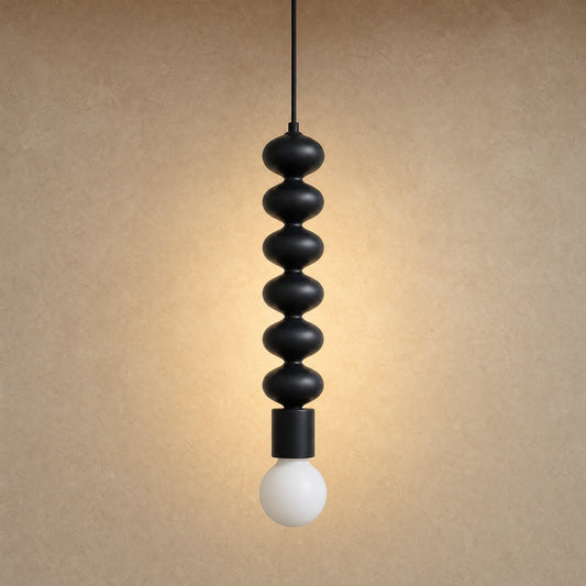 Kavlin black metal pendant light, six-bead column in matte black with opal globe | Wickleigh