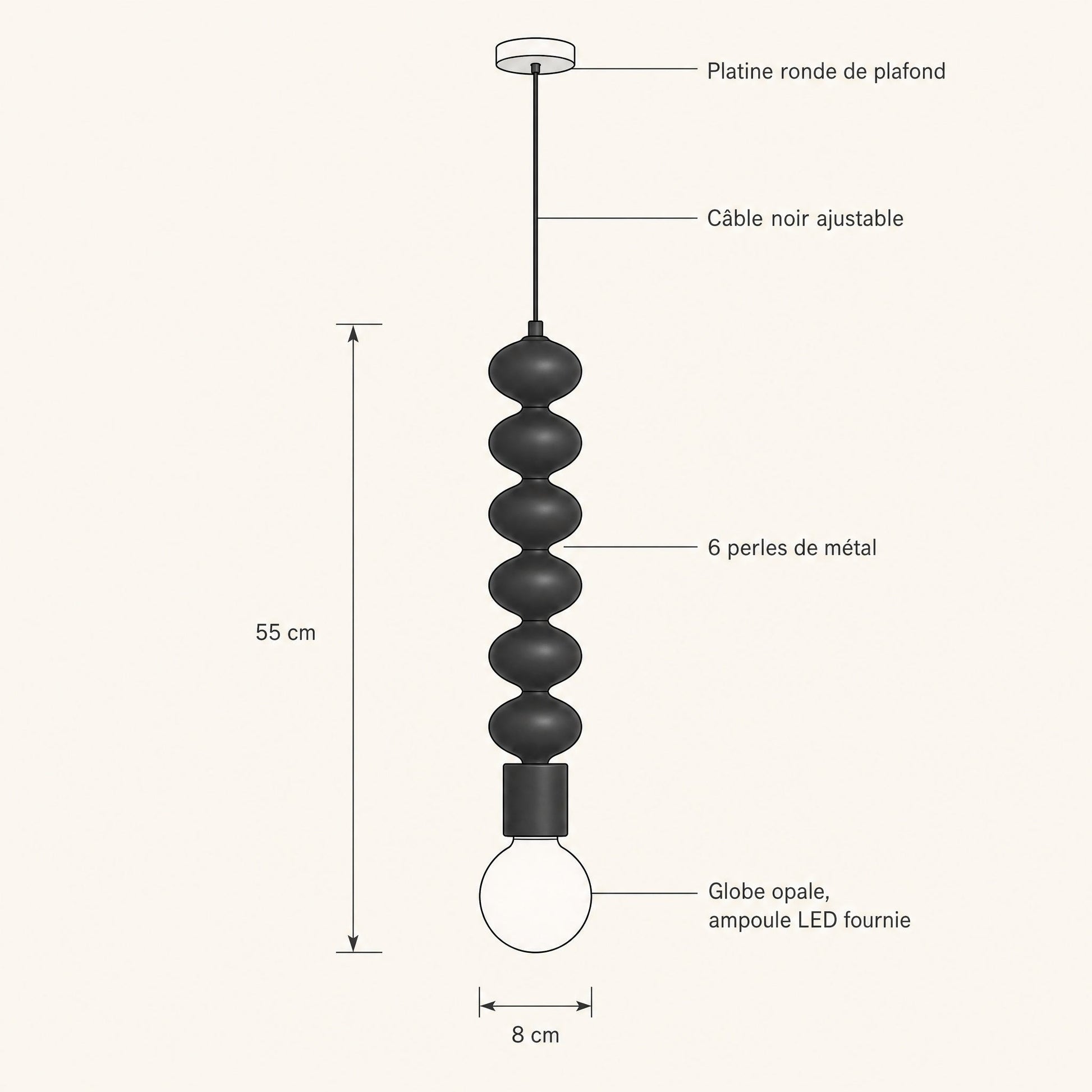 Dimension diagram of the Kavlin pendant light, total height 55 cm and width 8 cm | Wickleigh