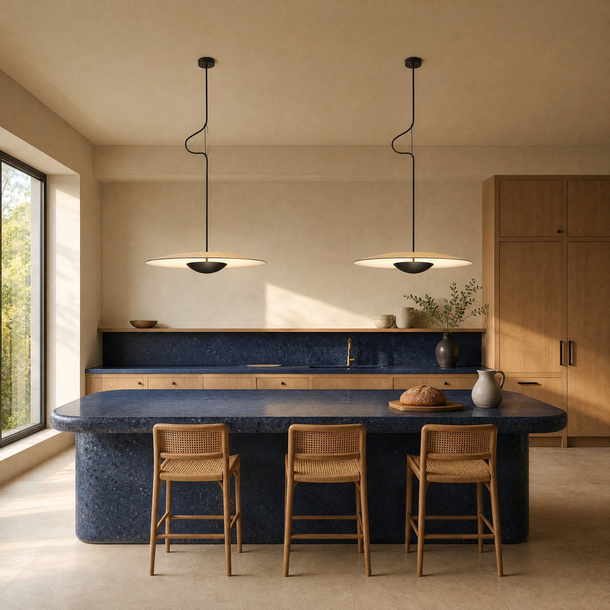 Two Fenna wood-effect pendant lights aligned above a blue stone kitchen island | Wickleigh