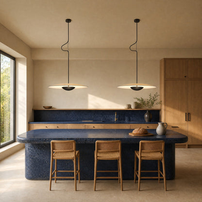 Two Fenna wood-effect pendant lights aligned above a blue stone kitchen island | Wickleigh