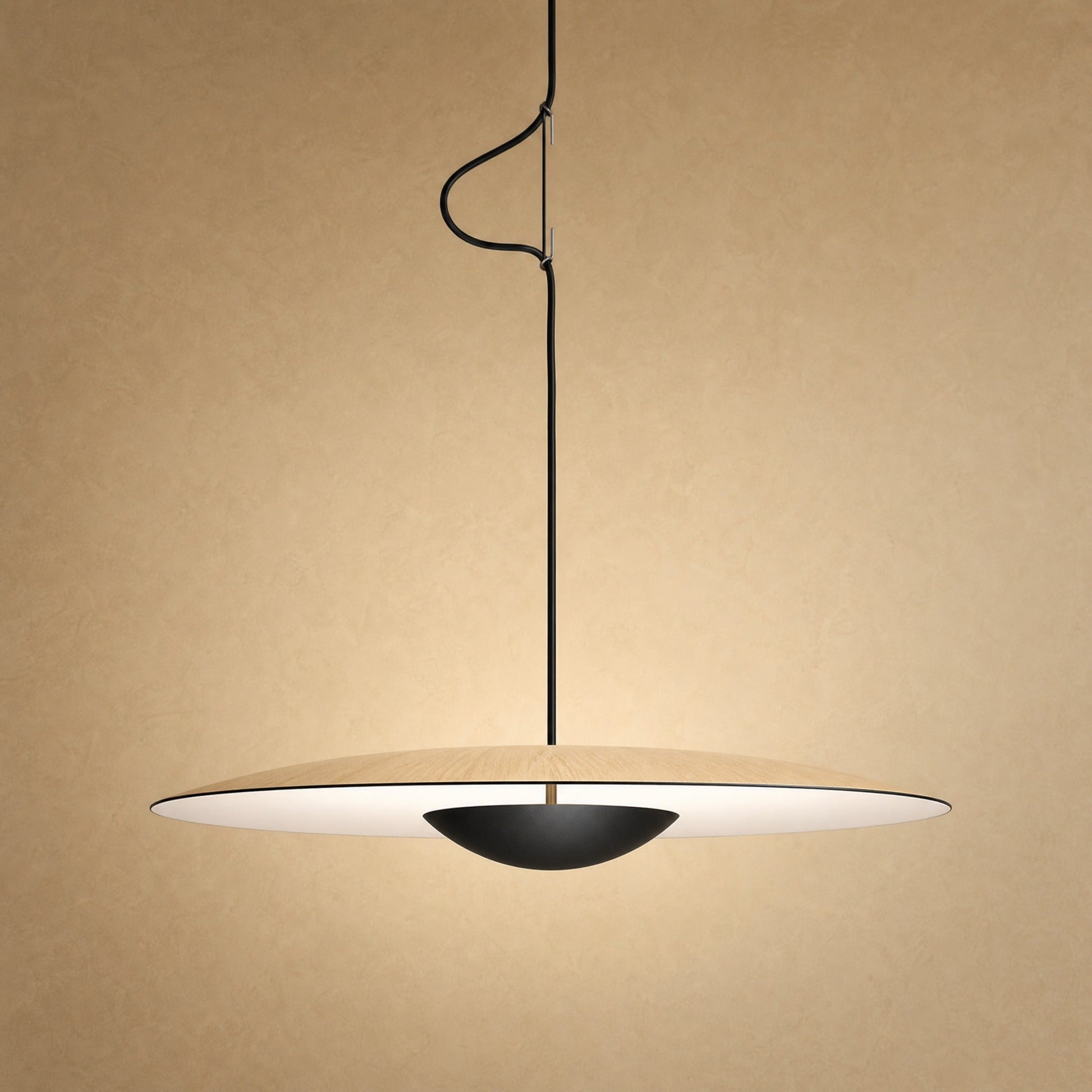 Fenna disc pendant light, wood-effect finish, black centre cup on a brass rod | Wickleigh