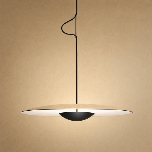 Fenna disc pendant light, wood-effect finish, black centre cup on a brass rod | Wickleigh