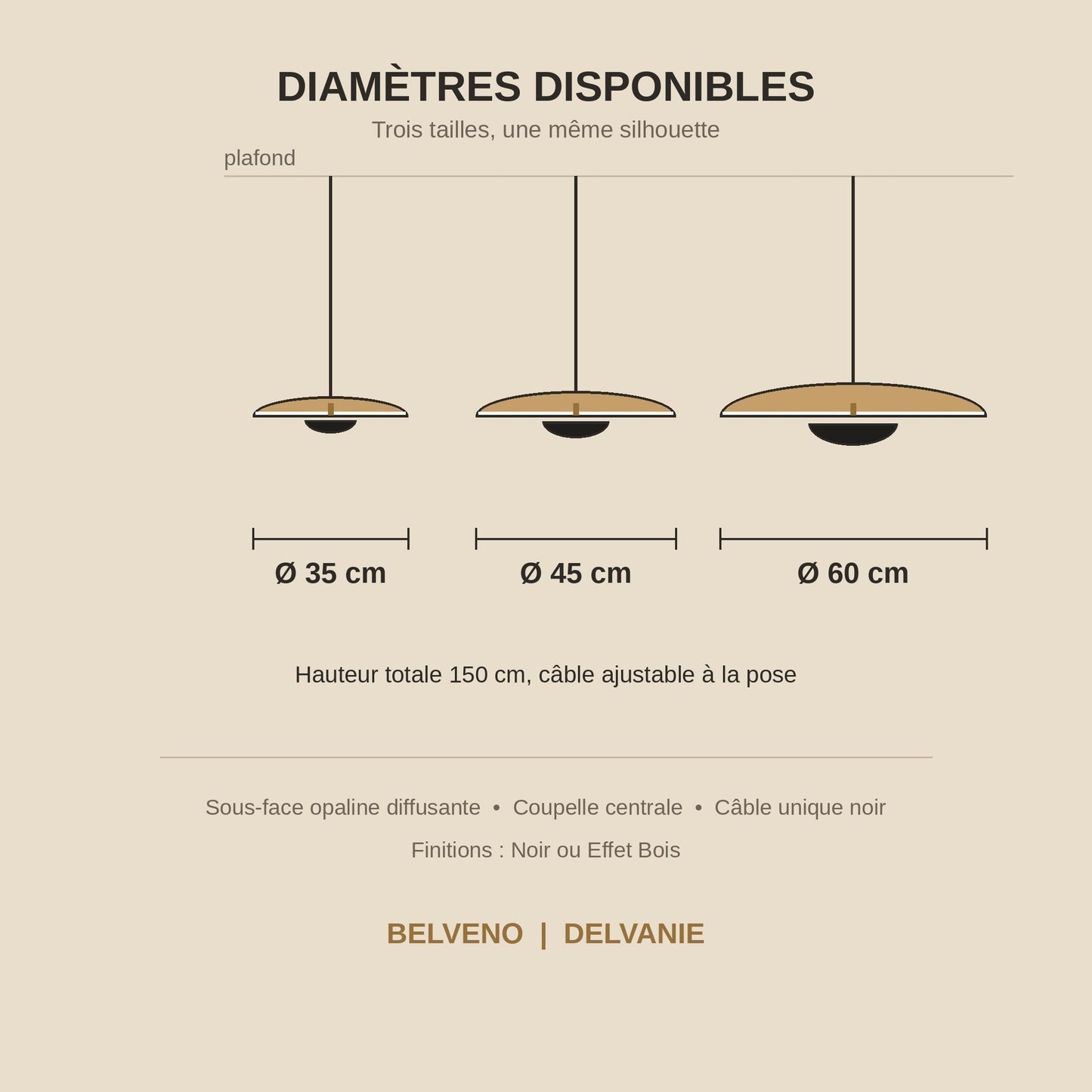 Dimension diagram of the Fenna pendant light, diameters 35, 45 and 60 cm, total height 150 cm | Wickleigh