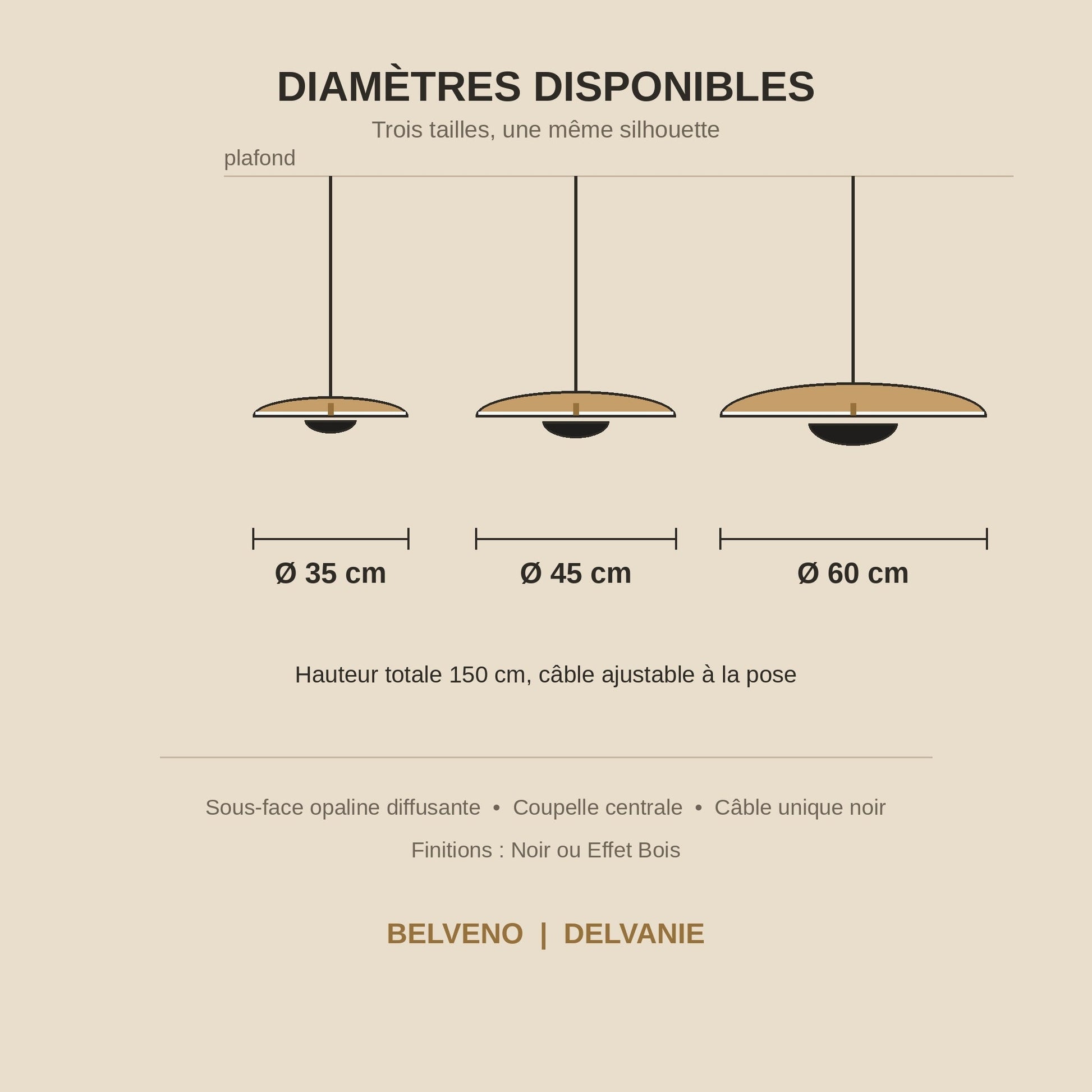 Dimension diagram of the Fenna pendant light, diameters 35, 45 and 60 cm, total height 150 cm | Wickleigh