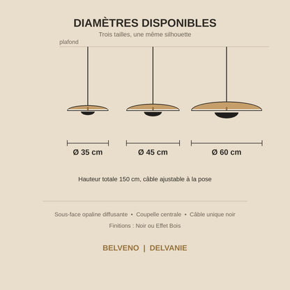 Dimension diagram of the Fenna pendant light, diameters 35, 45 and 60 cm, total height 150 cm | Wickleigh