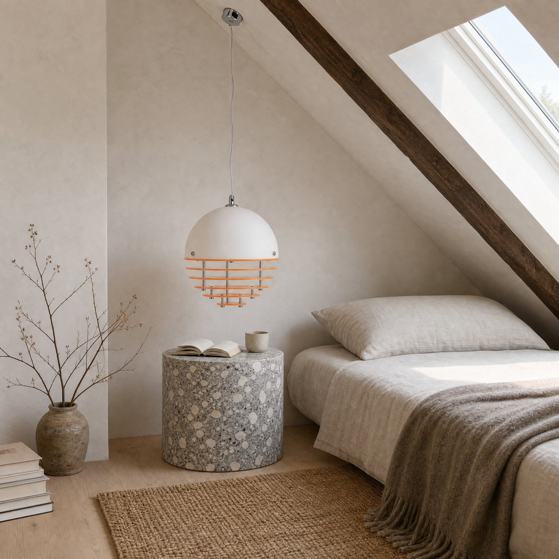 Fenwyn orange pendant light used as a bedside light in an attic bedroom, granito table | Wickleigh