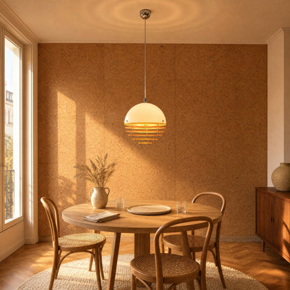 Fenwyn orange pendant light switched on above a round oak table, natural cork wall | Wickleigh