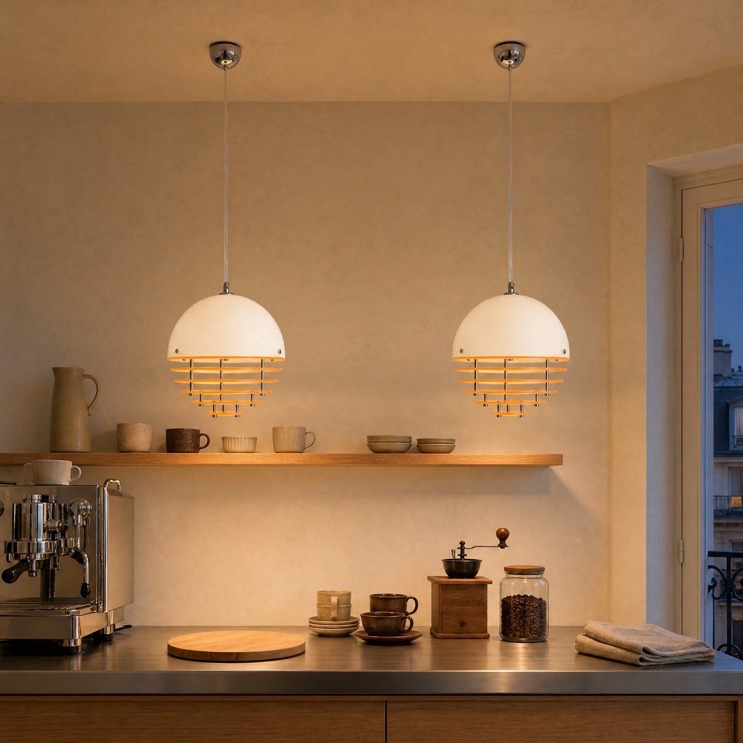 Two Fenwyn orange pendant lights aligned and lit above a brushed steel counter | Wickleigh