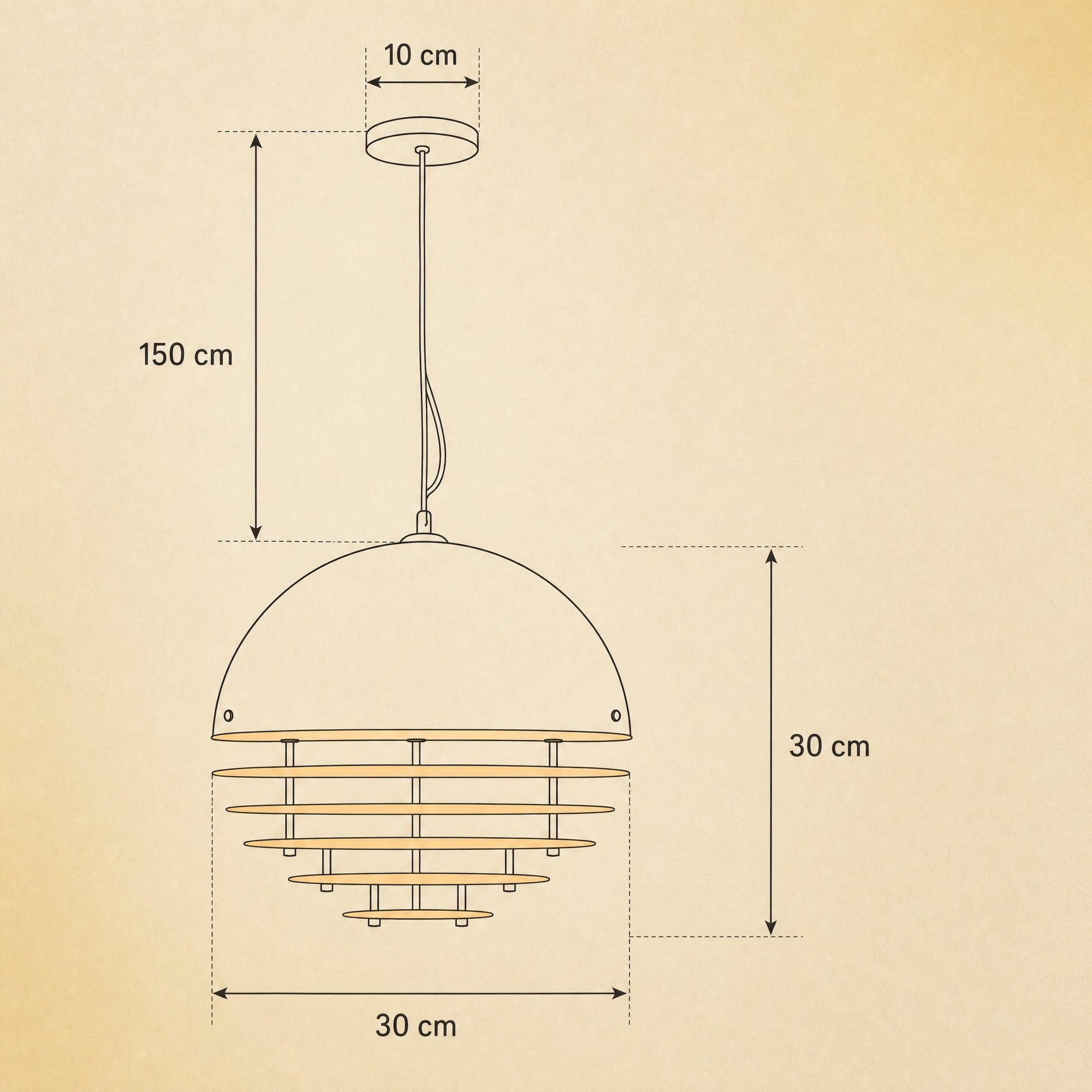 Dimension diagram of the Fenwyn orange pendant light, Ø 30 cm, height 30 cm, rose 10 cm, cord 150 cm | Wickleigh