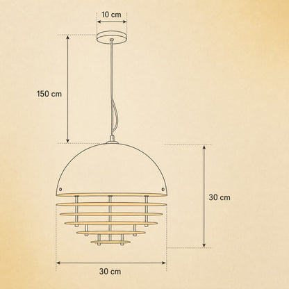 Dimension diagram of the Fenwyn orange pendant light, Ø 30 cm, height 30 cm, rose 10 cm, cord 150 cm | Wickleigh