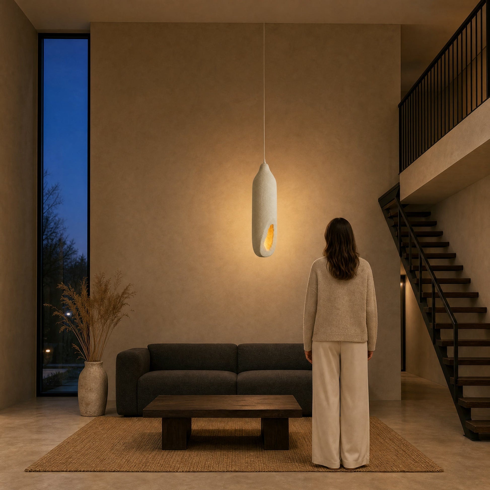 Korven pendant light switched on in a double-height living room at dusk | Wickleigh