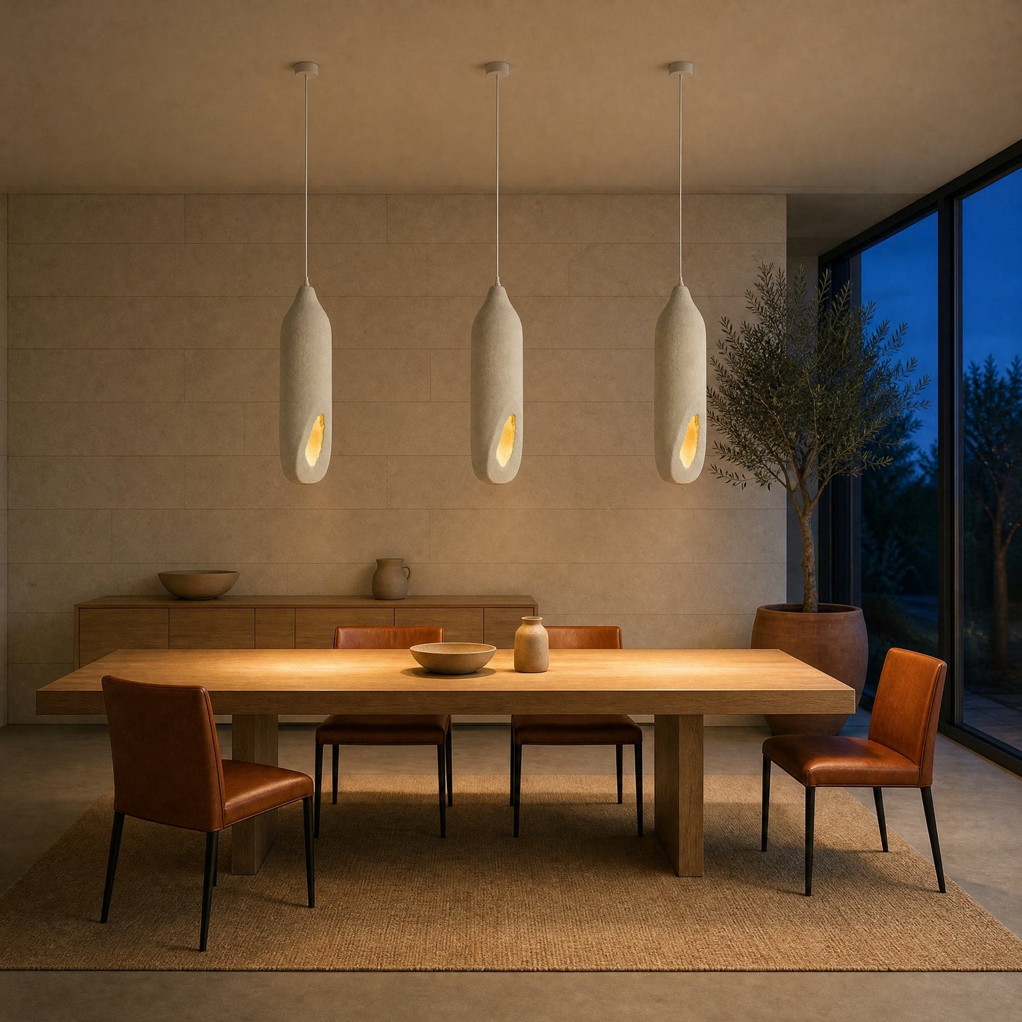 Three Korven pendant lights aligned above a dining table | Wickleigh