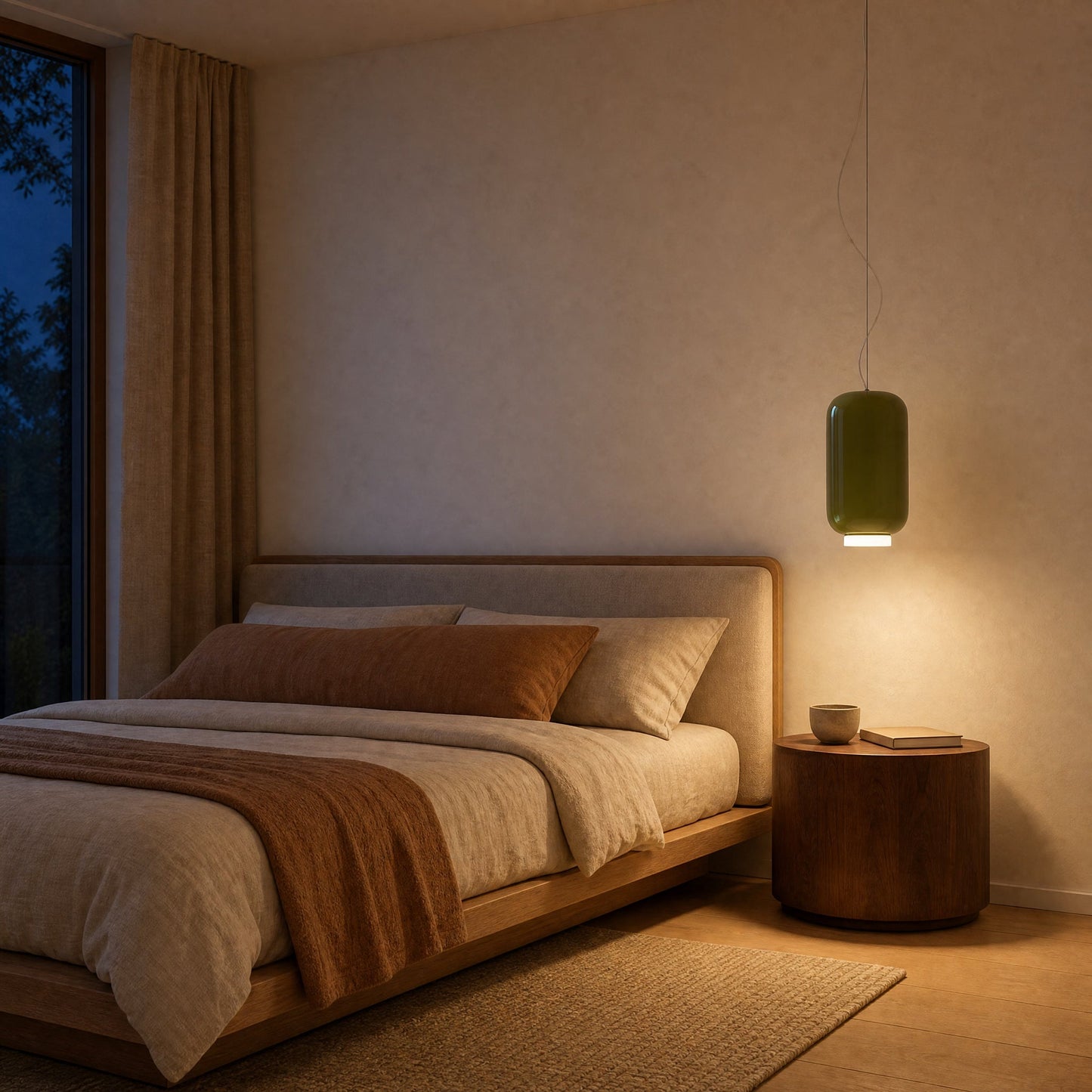 Ulvin olive green pendant light Ø 22 cm used as a bedside light in a Japandi bedroom | Wickleigh