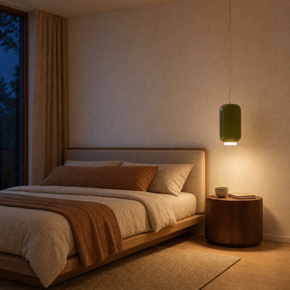 Ulvin olive green pendant light Ø 22 cm used as a bedside light in a Japandi bedroom | Wickleigh