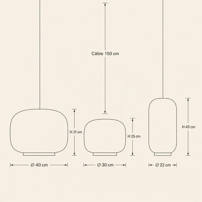 Dimensions of the three Ulvin pendant light sizes, Ø 40, Ø 30 and Ø 22 cm, cable 150 cm | Wickleigh