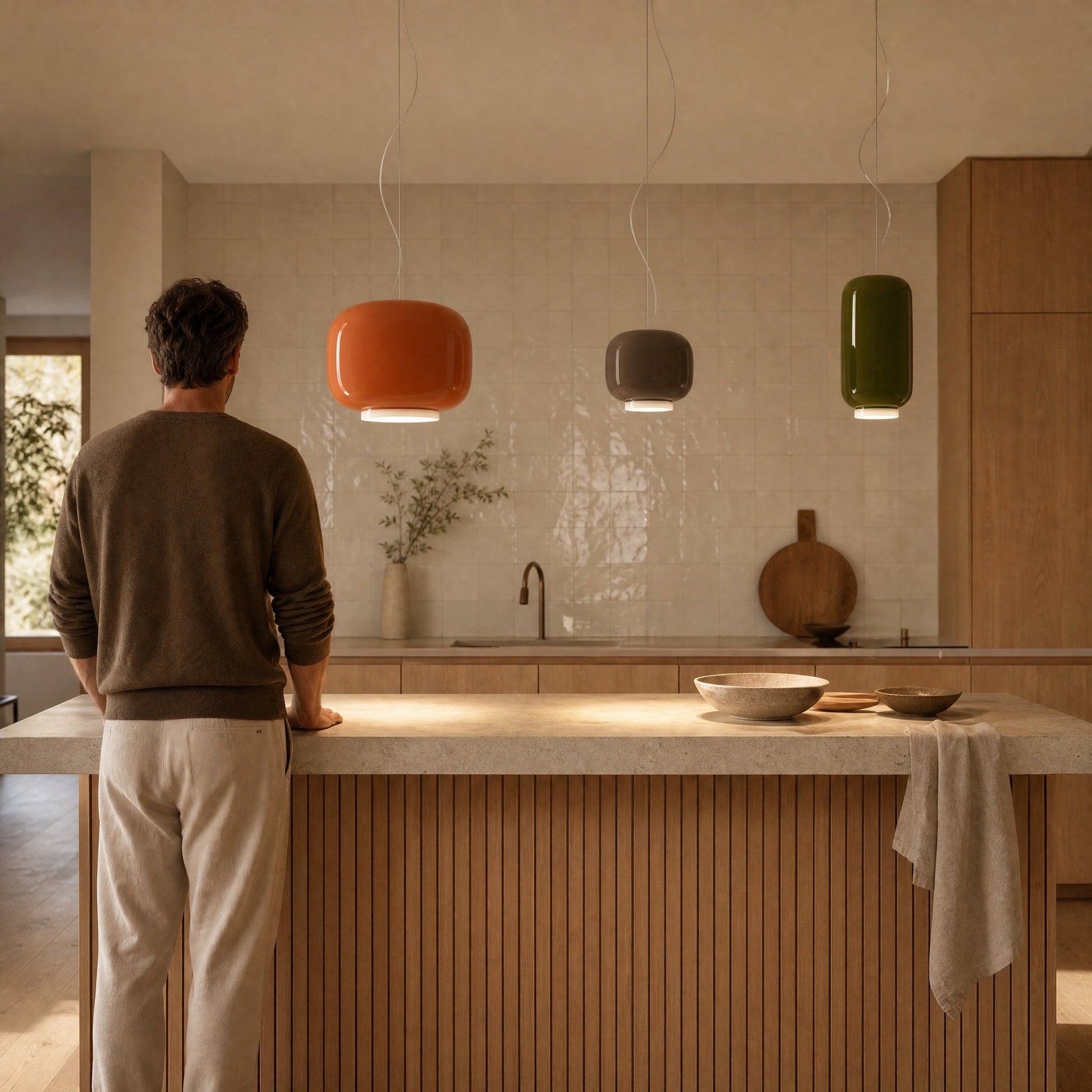 Trio of Ulvin coloured glass pendant lights, amber, moka and olive green, above a kitchen island | Wickleigh