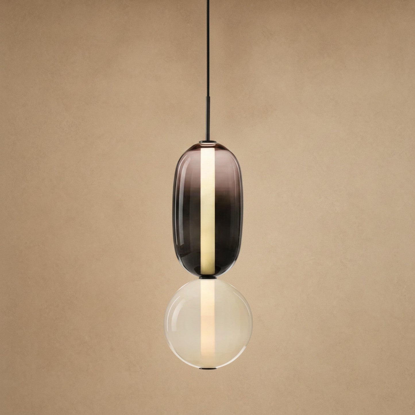 Aslin coloured glass pendant light, two beads in smoked and cream, height 37 cm | Wickleigh