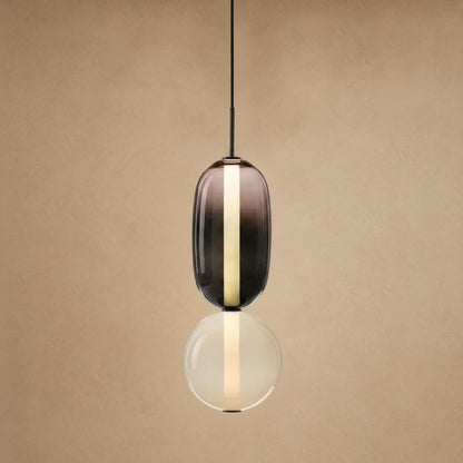 Aslin coloured glass pendant light, two beads in smoked and cream, height 37 cm | Wickleigh