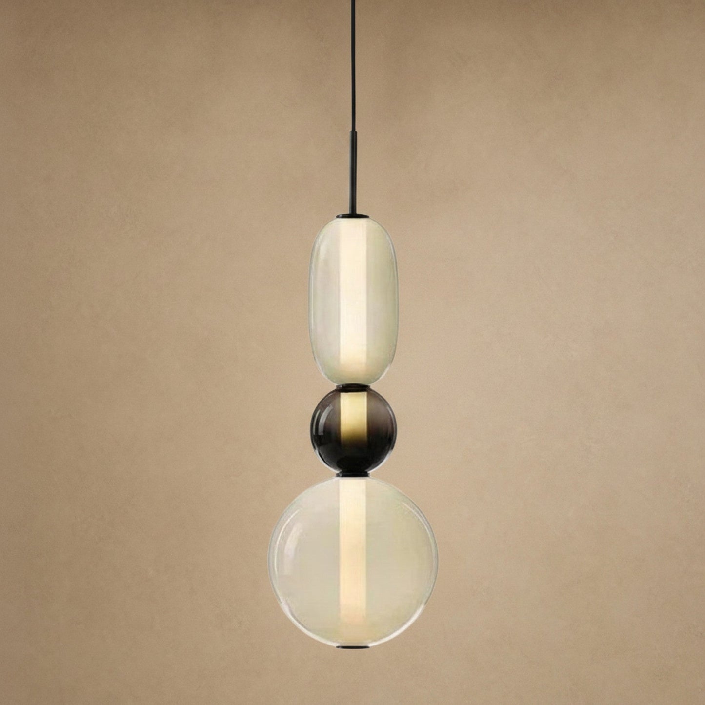 Aslin coloured glass pendant light, three beads with black ball and cream, height 39 cm | Wickleigh