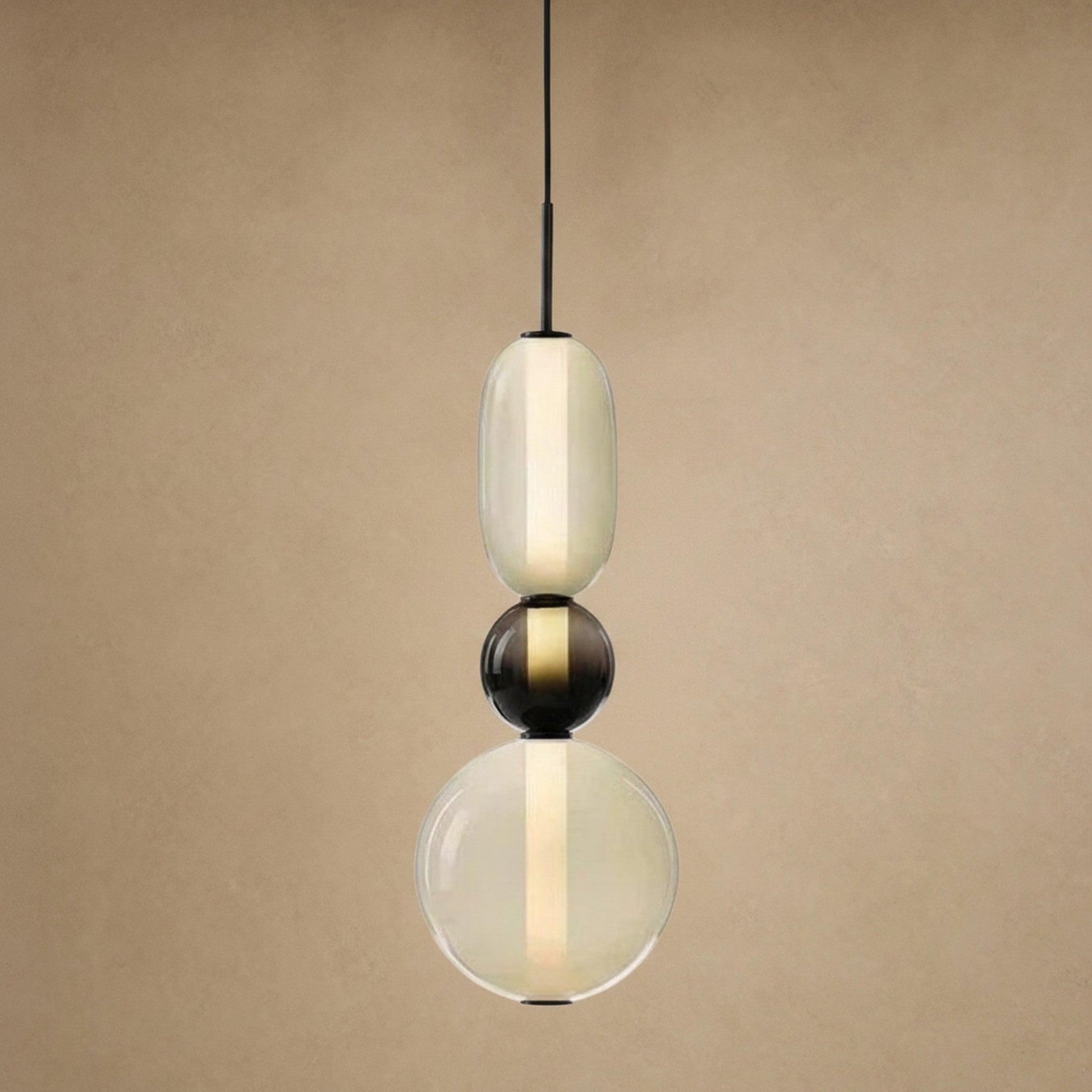 Aslin coloured glass pendant light, three beads with black ball and cream, height 39 cm | Wickleigh