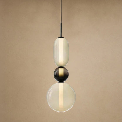 Aslin coloured glass pendant light, three beads with black ball and cream, height 39 cm | Wickleigh