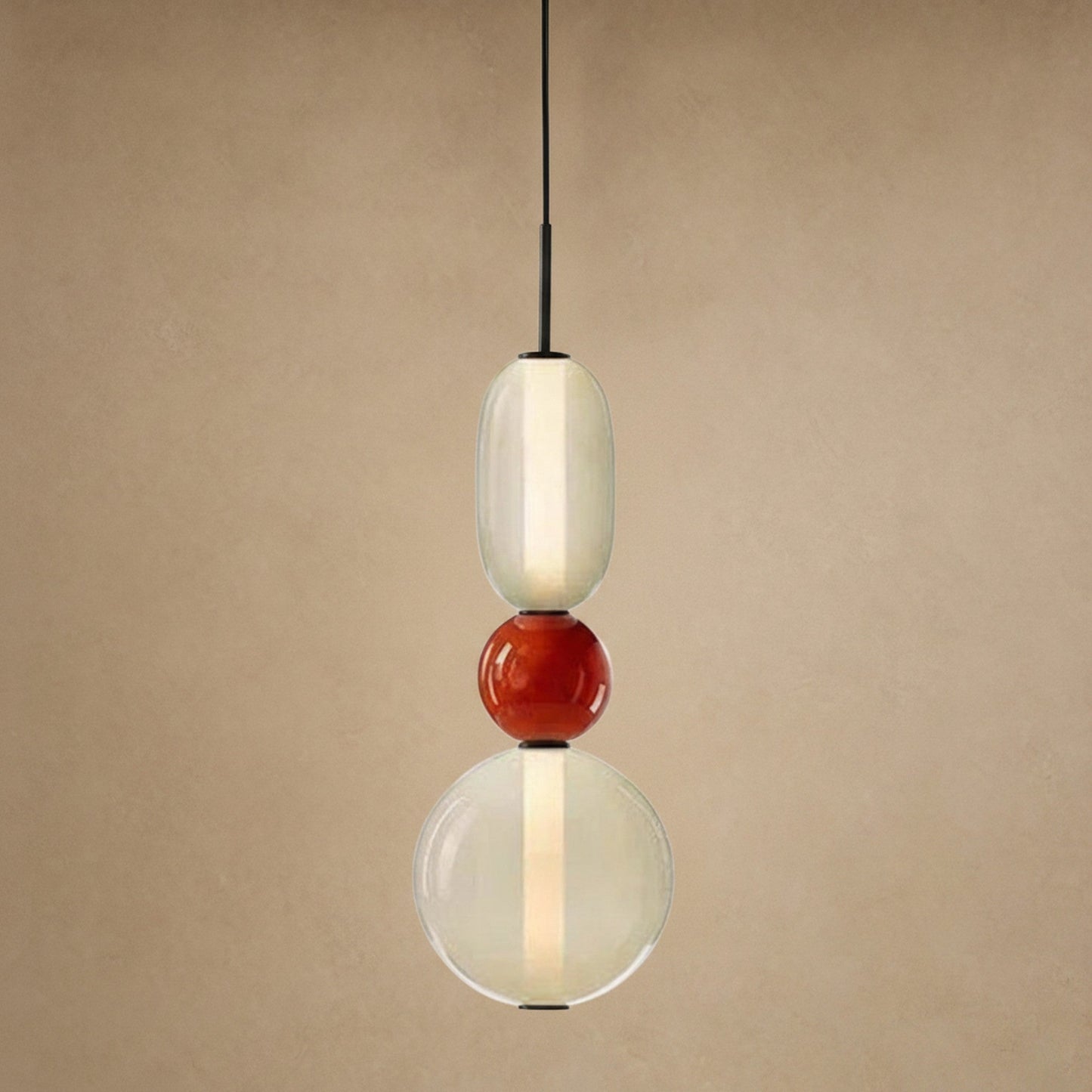 Aslin coloured glass pendant light, three beads with red ball and cream, height 39 cm | Wickleigh