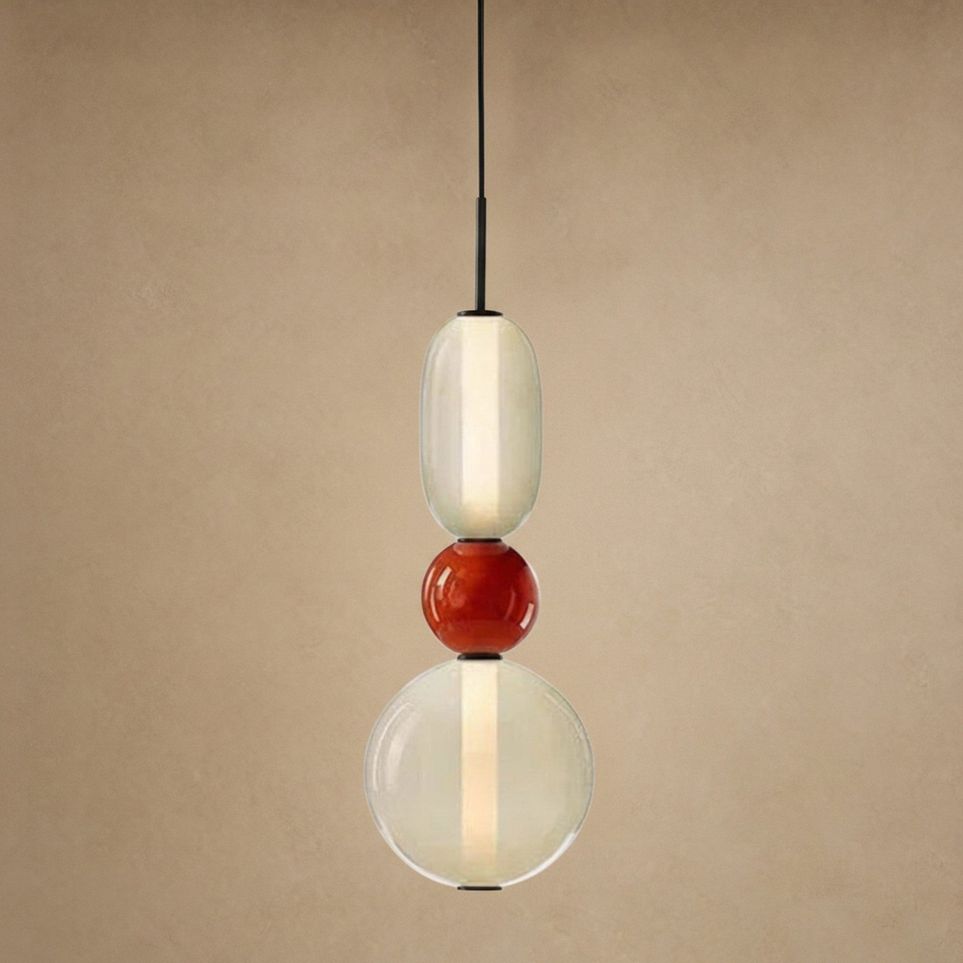 Aslin coloured glass pendant light, three beads with red ball and cream, height 39 cm | Wickleigh