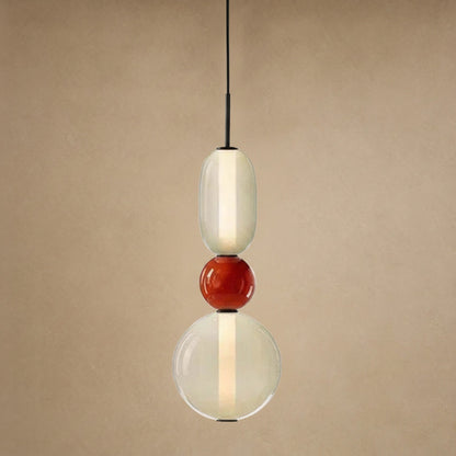 Aslin coloured glass pendant light, three beads with red ball and cream, height 39 cm | Wickleigh