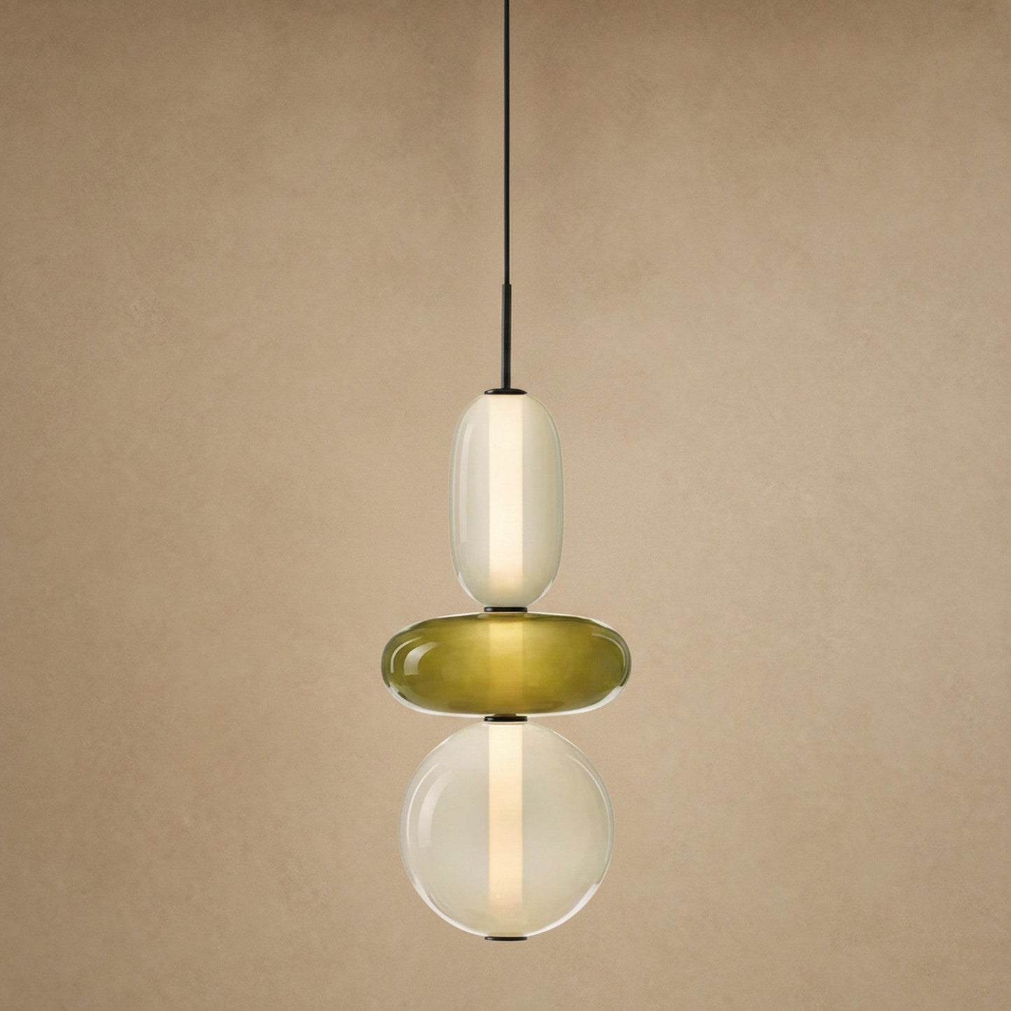 Aslin coloured glass pendant light, three pebble beads in olive and cream, height 39 cm | Wickleigh