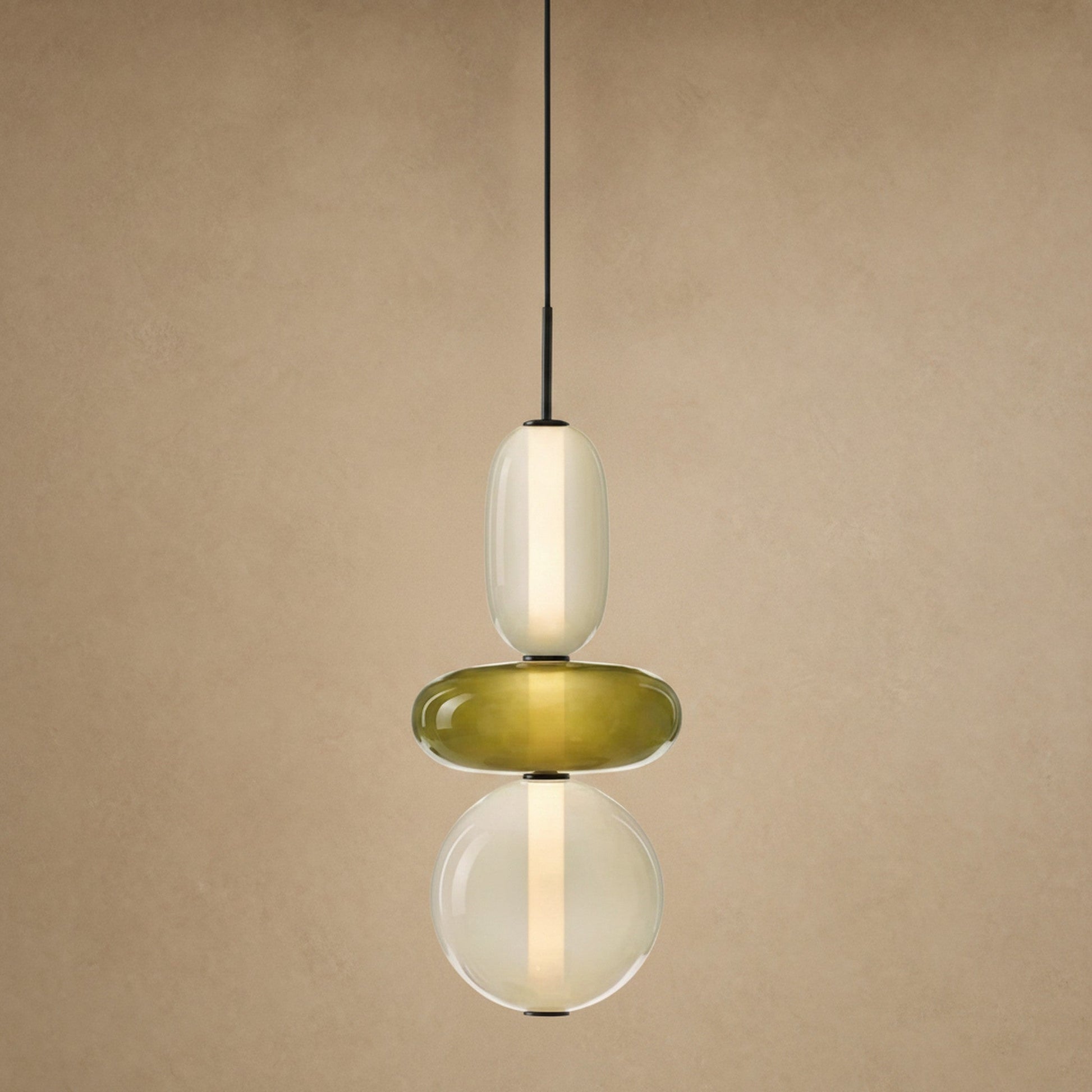 Aslin coloured glass pendant light, three pebble beads in olive and cream, height 39 cm | Wickleigh