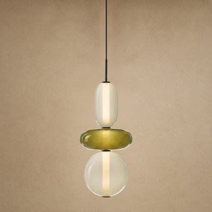 Aslin coloured glass pendant light, three pebble beads in olive and cream, height 39 cm | Wickleigh