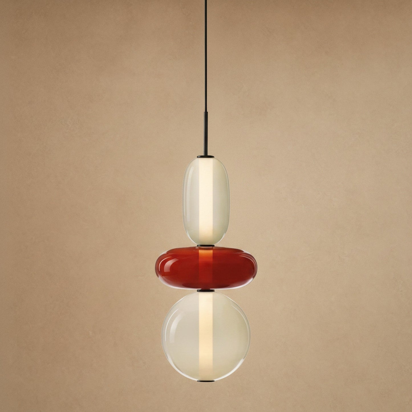 Aslin coloured glass pendant light, three pebble beads in red and cream, height 39 cm | Wickleigh